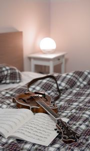 Preview wallpaper electric guitar, guitar, sheet music, lamp, bed, music