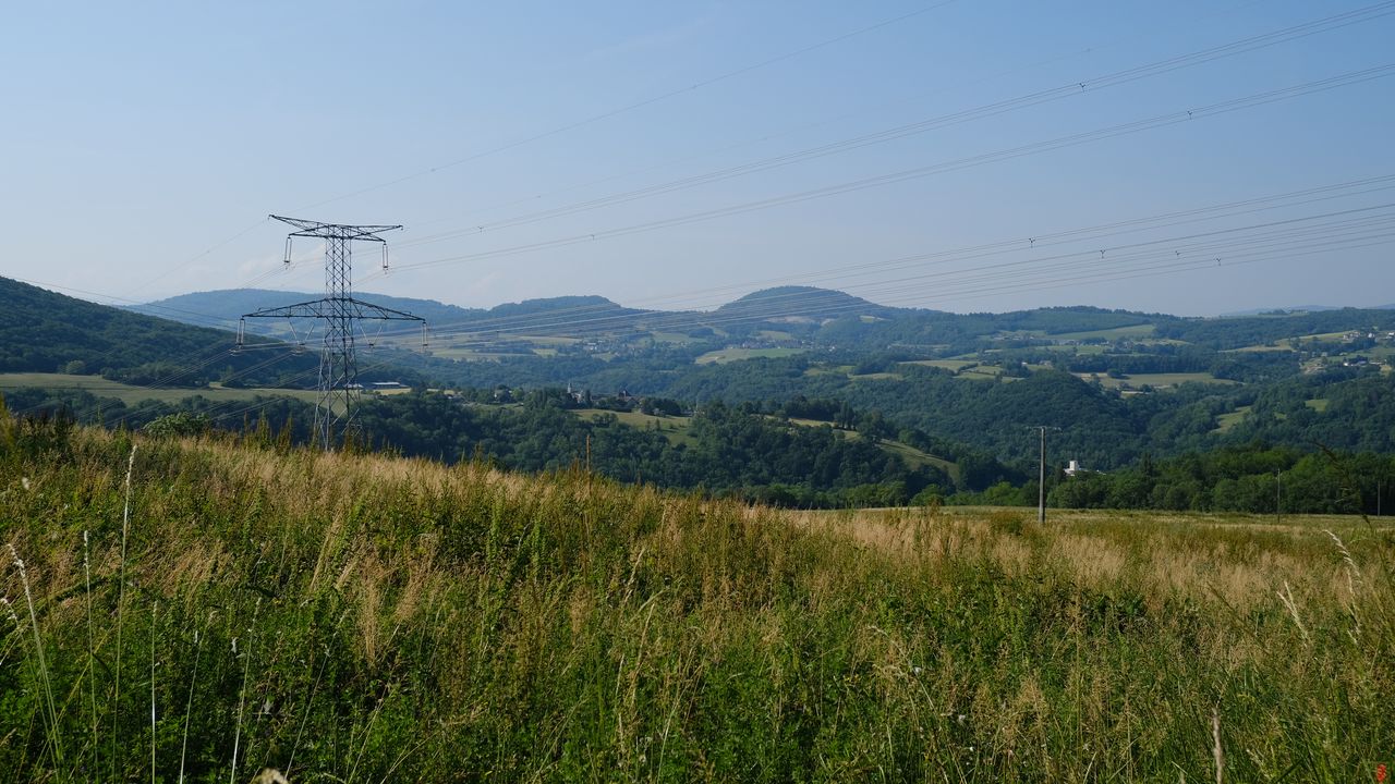 Wallpaper electric pole, hills, landscape, grass