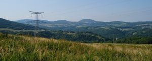 Preview wallpaper electric pole, hills, landscape, grass