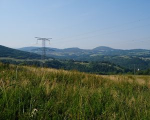 Preview wallpaper electric pole, hills, landscape, grass