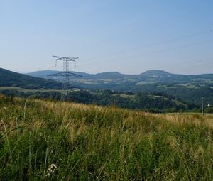 Preview wallpaper electric pole, hills, landscape, grass
