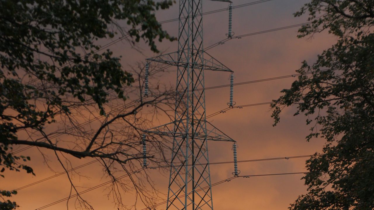 Wallpaper electric pole, wires, trees, sky