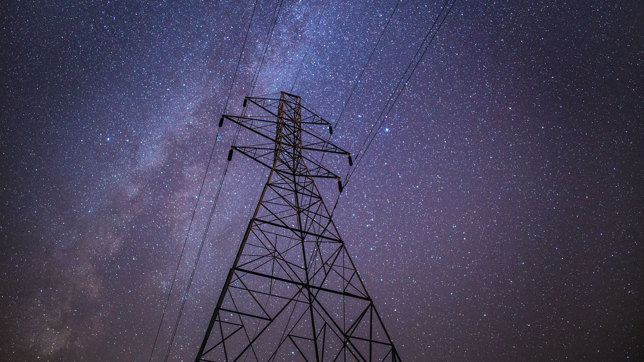 Wallpaper electrical tower, high-voltage, starry sky, wires, electricity, voltage, night