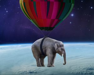 Preview wallpaper elephant, air balloon, space, weightlessness