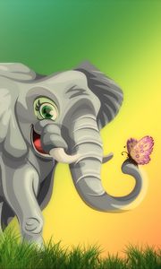 Preview wallpaper elephant, butterfly, cute, art, grass