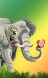 Preview wallpaper elephant, butterfly, cute, art, grass