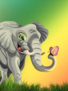 Preview wallpaper elephant, butterfly, cute, art, grass