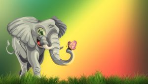 Preview wallpaper elephant, butterfly, cute, art, grass