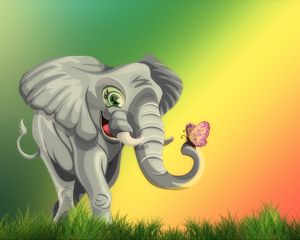 Preview wallpaper elephant, butterfly, cute, art, grass