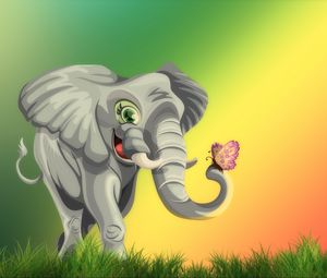 Preview wallpaper elephant, butterfly, cute, art, grass