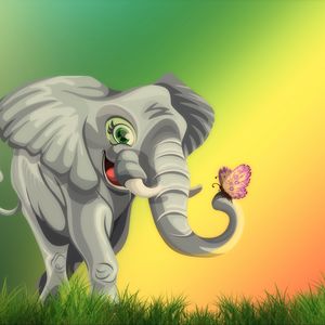 Preview wallpaper elephant, butterfly, cute, art, grass