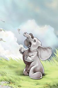 Preview wallpaper elephant, grass, flying, sky