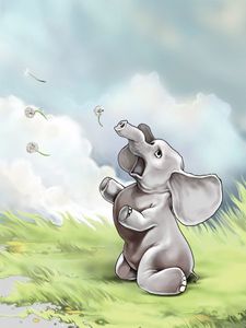 Preview wallpaper elephant, grass, flying, sky