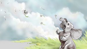 Preview wallpaper elephant, grass, flying, sky