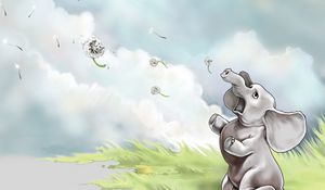 Preview wallpaper elephant, grass, flying, sky