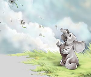 Preview wallpaper elephant, grass, flying, sky