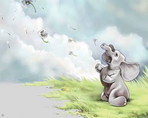 Preview wallpaper elephant, grass, flying, sky