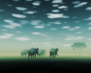 Preview wallpaper elephants, fog, mirage, desert, art
