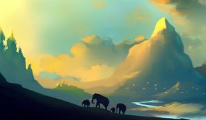 Preview wallpaper elephants, landscape, picture, family, wildlife