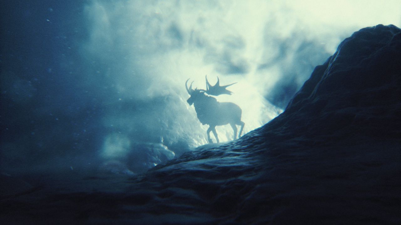 Wallpaper elk, mountains, smoke, light, silhouette, horns, stones