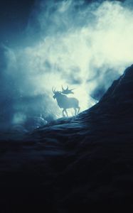 Preview wallpaper elk, mountains, smoke, light, silhouette, horns, stones