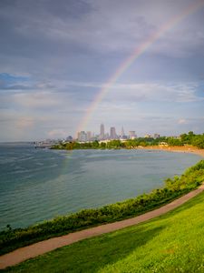 Preview wallpaper embankment, lake, rainbow, landscape