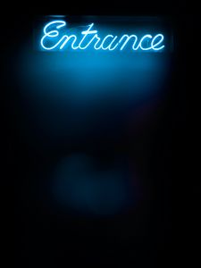 Preview wallpaper entrance, word, neon, light, blue, dark