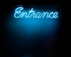 Preview wallpaper entrance, word, neon, light, blue, dark