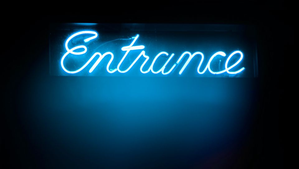 960x544 Wallpaper entrance, word, neon, light, blue, dark