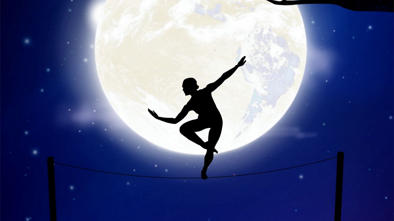 Wallpaper equilibrist, silhouette, moon, rope, balance