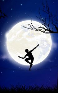 Preview wallpaper equilibrist, silhouette, moon, rope, balance