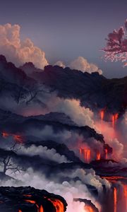 Preview wallpaper eruption, lava, volcano, oriental cherry, tree
