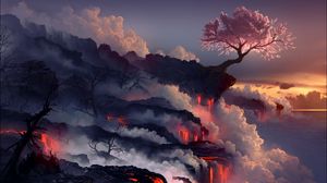 Preview wallpaper eruption, lava, volcano, oriental cherry, tree