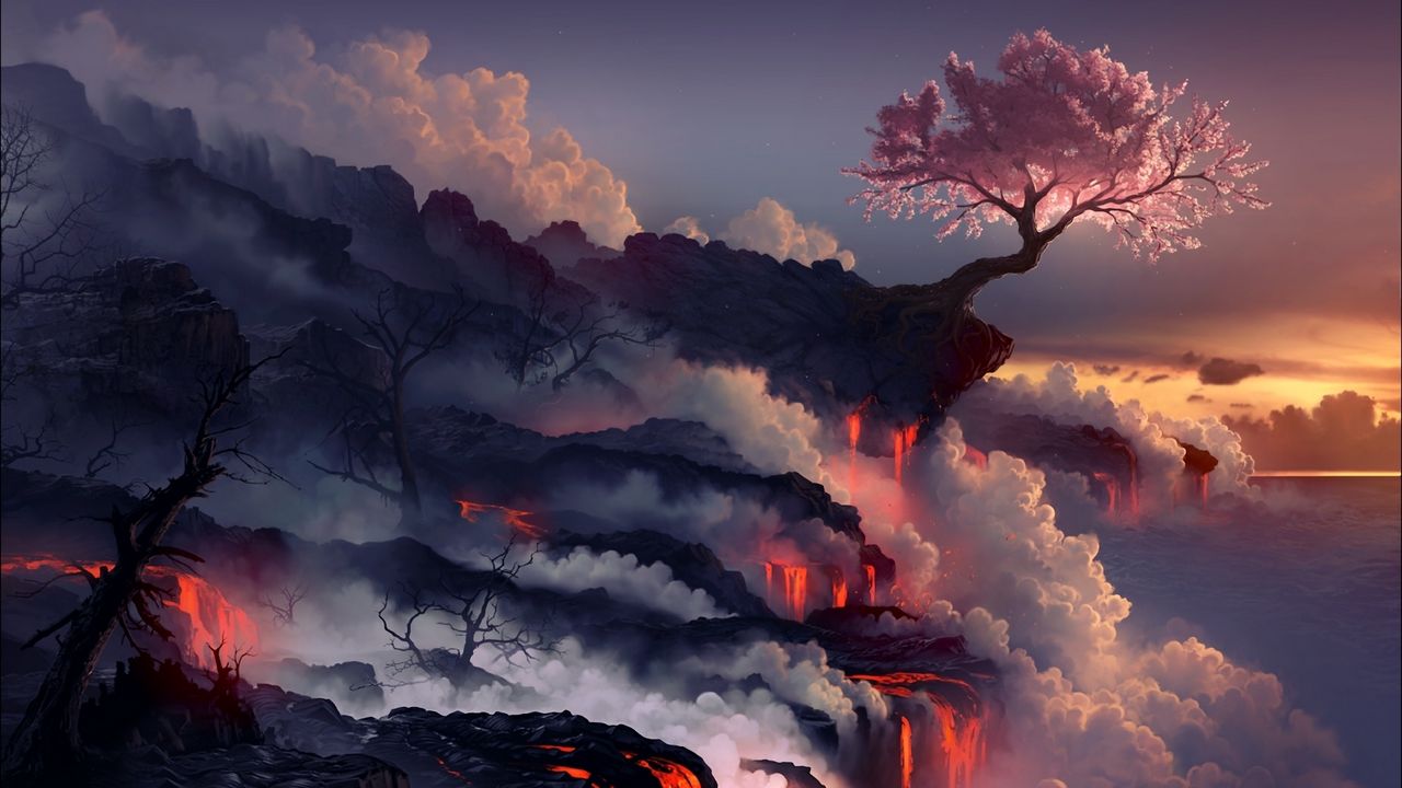 Wallpaper eruption, lava, volcano, oriental cherry, tree