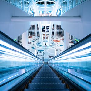 Preview wallpaper escalator, building, interior, backlight, architectur