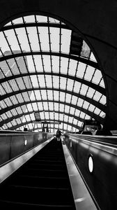 Preview wallpaper escalator, metro, bw, station, room, architecture