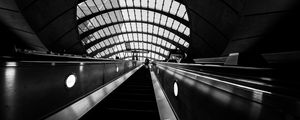 Preview wallpaper escalator, metro, bw, station, room, architecture