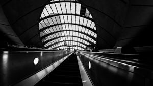 Preview wallpaper escalator, metro, bw, station, room, architecture