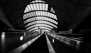 Preview wallpaper escalator, metro, bw, station, room, architecture