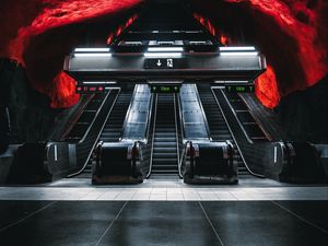 Preview wallpaper escalator, metro, tunnel, underground, dark