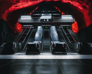 Preview wallpaper escalator, metro, tunnel, underground, dark