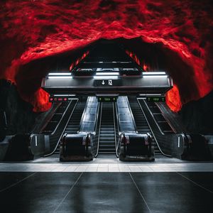 Preview wallpaper escalator, metro, tunnel, underground, dark