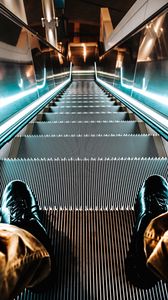 Preview wallpaper escalator, stairs, feet, light, backlight