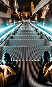 Preview wallpaper escalator, stairs, feet, light, backlight