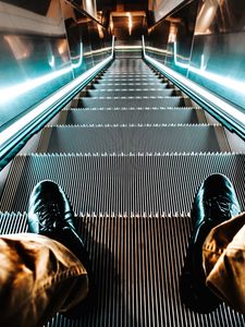 Preview wallpaper escalator, stairs, feet, light, backlight