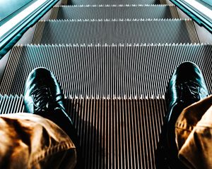 Preview wallpaper escalator, stairs, feet, light, backlight