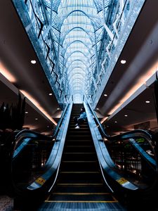 Preview wallpaper escalator, stairs, girl, building, interior