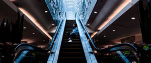 Preview wallpaper escalator, stairs, girl, building, interior