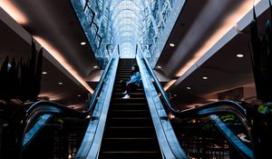 Preview wallpaper escalator, stairs, girl, building, interior
