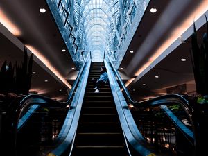 Preview wallpaper escalator, stairs, girl, building, interior